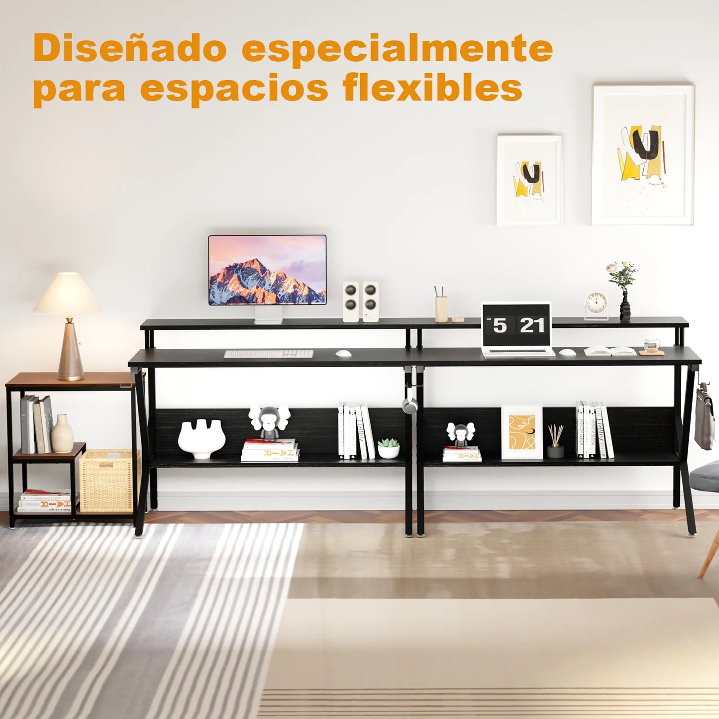 Escritorio de computadora de 2 niveles con mesas auxiliares de 100 cm.