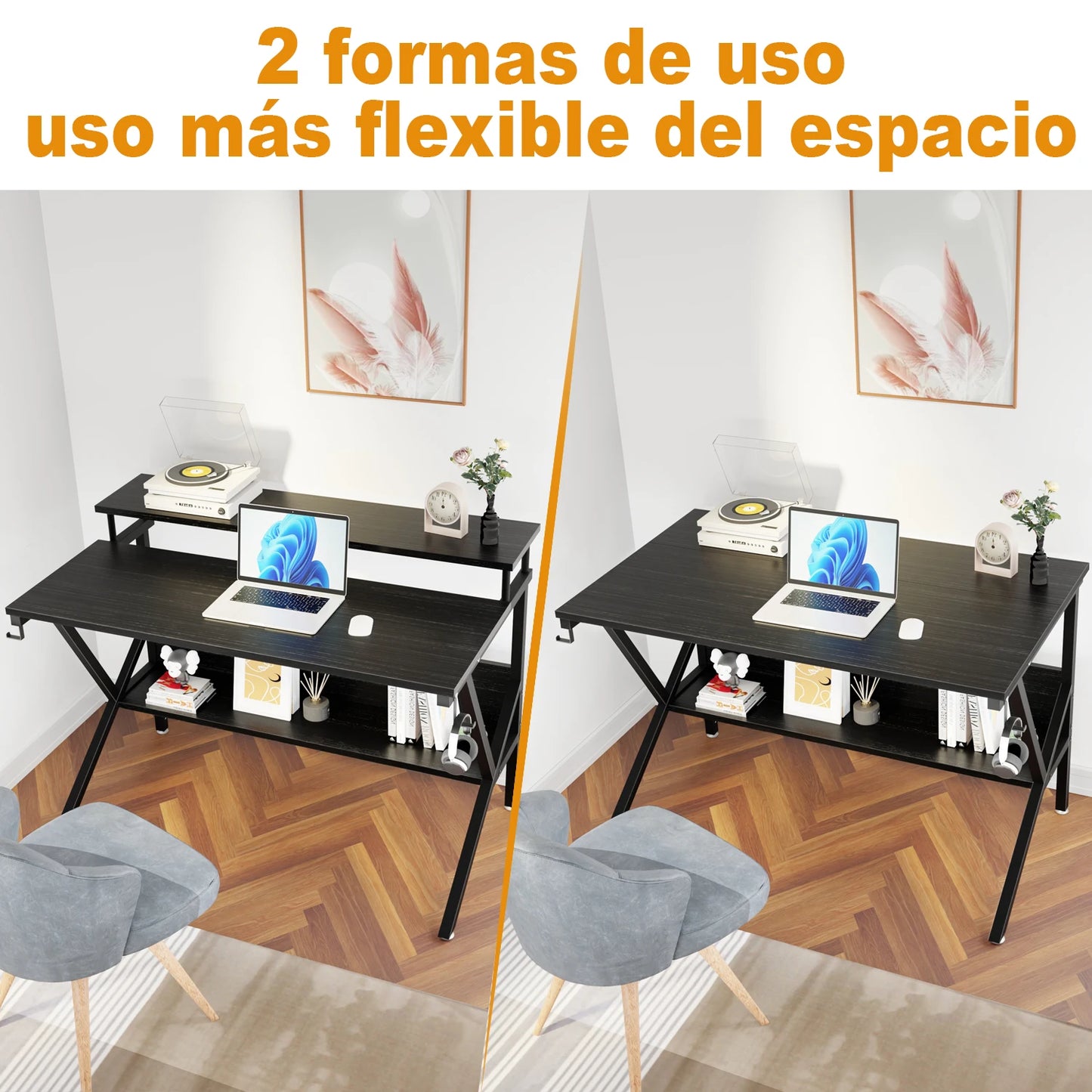 Escritorio de computadora de 2 niveles con mesas auxiliares de 100 cm.